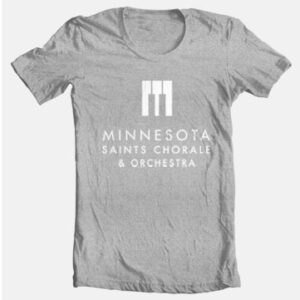 Gray T-shirt with a white logo and text saying "Minnesota Saints Choir & Orchestra" centered on the front of the shirt.