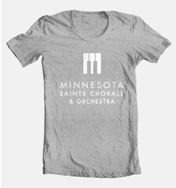 Gray T-shirt with a white logo and text saying "Minnesota Saints Choir & Orchestra" centered on the front of the shirt.
